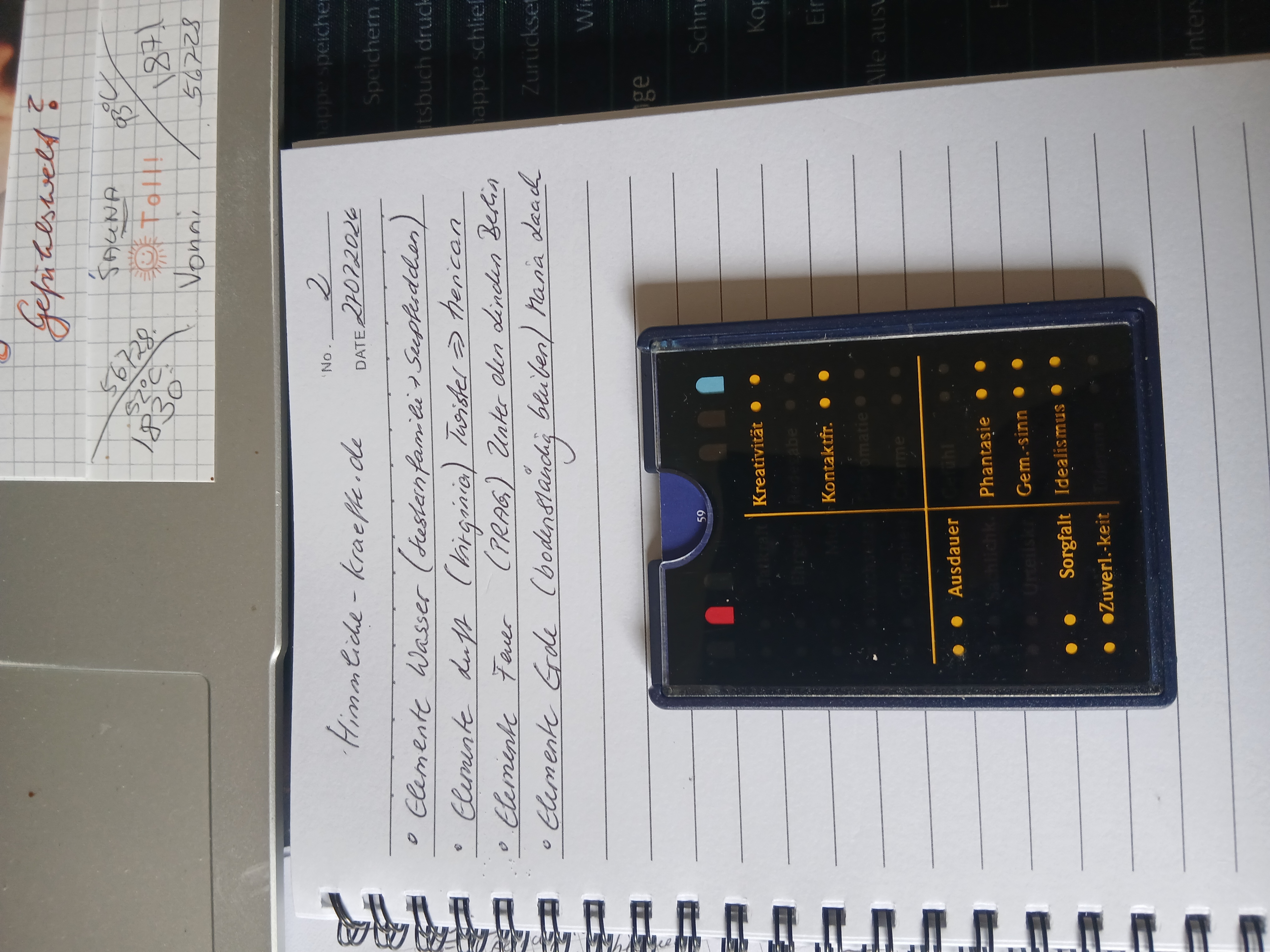 Handschriftliche Notizen zu Wasser, Luft, Feuer und Erde